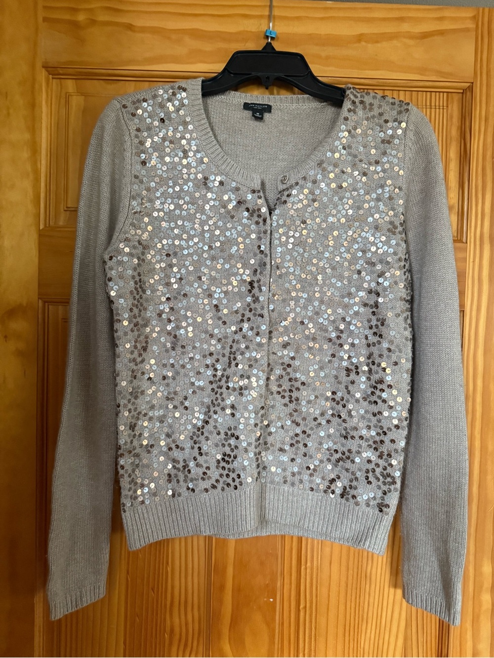 Ann Taylor Sequin-Embellished Light Gray Cardigan